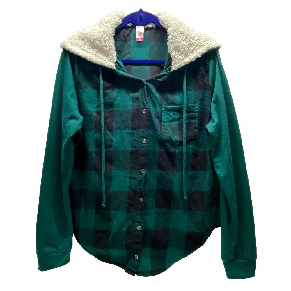 No Boundaries Shacket Hoodie Junior's XL Green Black Plaid Sherpa Hooded Top GUC